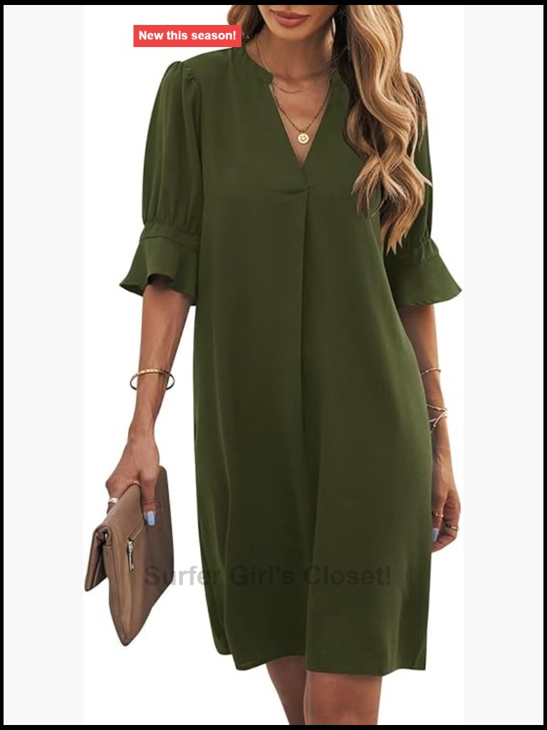 V-Neck Short Sleeve Shift Dress - Lightweight Flowy Tiered Hem